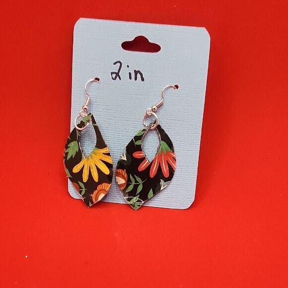 Hand Crafted Dangle Earring Faux Leather Floral Drop - Multicolor - Picture 6 of 13